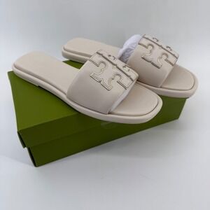 NEW TORY BURCH Double T Sport Slide Nappa Leather 79985 ~ Light Cream/Gold Sz 5